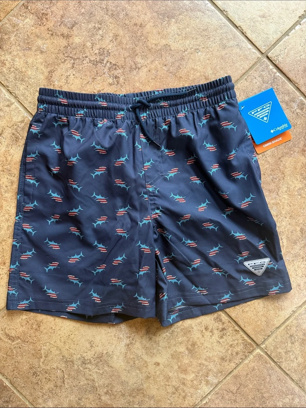 Columbia Navy Blue Shark & Flag Swim Shorts
